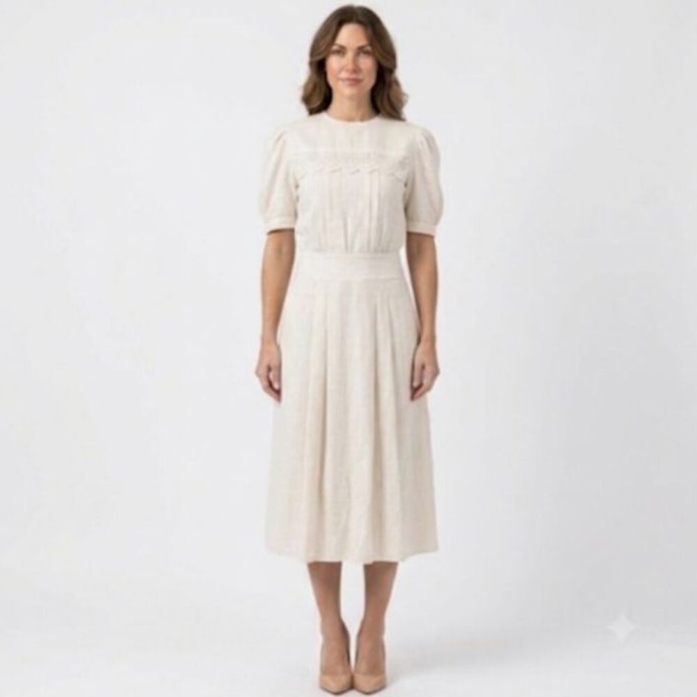 Scott McClintock Women's Ivory Linen Lace Trim SS Vintage 80s Midi Dress Size 8